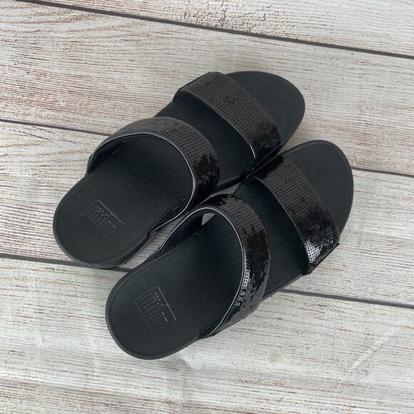 FitFlop Lulu Sequin Slides Womens Size 7 Sandals All Black - Picture 7 of 10